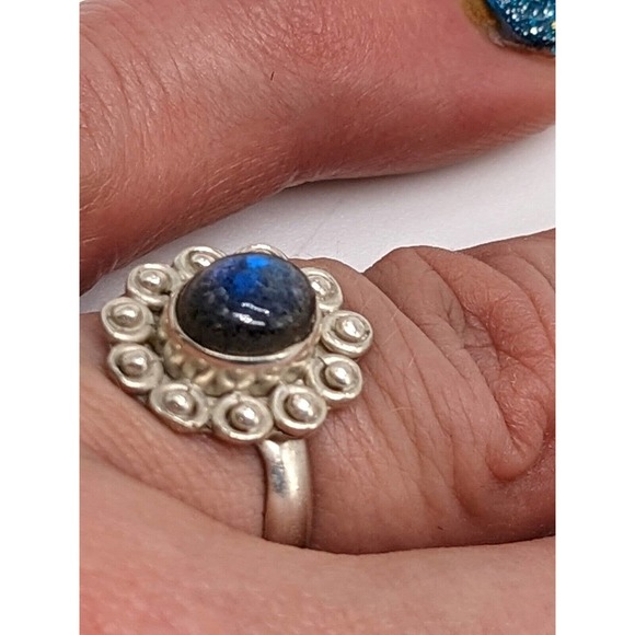 Sterling Silver Ring Size 7 Blue Fire Labradorite 925 Jewelry Flower Natural Cab - Picture 3 of 8